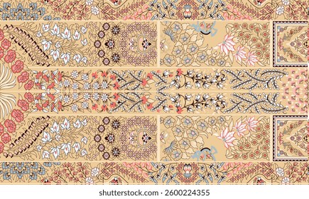 textile pattern featuring a patchwork design with floral and ornamental motifs in beige, pink, and brown hues, for textile, wallpaper, gift wrapping.