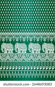 textile pattern featuring sacred elephants, tribal birds, and geometric motifs on a green background. A seamless vector design inspired by cultural symbolism, perfect for fabric prints, spiritual deco