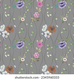 Textile pattern with flowers and geometric shapes on gray background