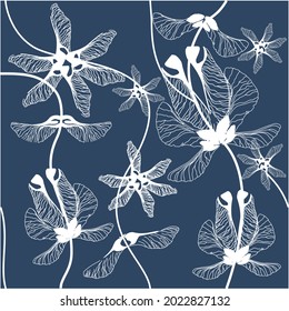 Textile pattern of flying lionfish of Norway maple. Autumn motive with white lines on a dark blue background.