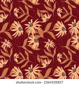 patrón textil con margaritas anaranjadas sobre fondo burdeos