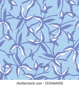 Textile pattern of purple lianas shapes on a blue background. Winter ornament for fabric, tile, wallpaper and paper.
