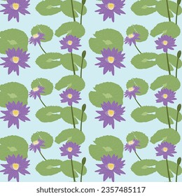 Textile pattern of purple lotus flowers in blue water