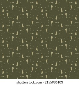 Textile pattern, in shades of khaki and gray, composed of rectangular, triangular shapes and a few stitches. Abstract vector.