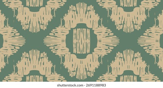 Textile pattern of traditional ikat design with geometric motifs in soft neutral and green colors