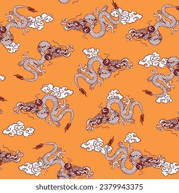 Textile pattern with traditional Japanese dragons,