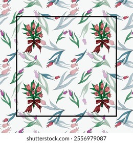 Textile pattern with tulips and tulip bouquets on white background, vector drawing
