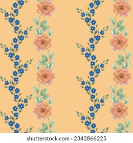 textile pattern,Flowers in a row on orange background