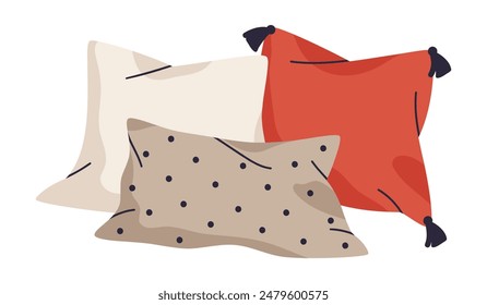 Textile pillows. Cozy home interior pillows, feather sofa cushions stack, soft pillows flat vector illustration. Hand drawn pillows