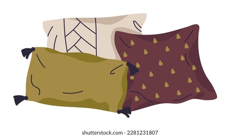 Montaje de almohadas textiles. Acogedor interior, cojín de plumas o bambú, almohadas de tela suave colección de ilustraciones vectoriales planas. Cuadros decorativos