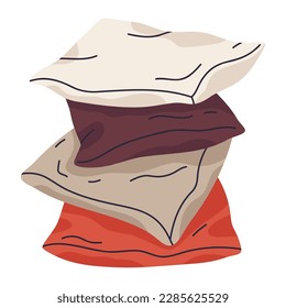 Textile pillows stack. Home interior pillows, cozy sofa cushions, decorative soft pillows flat vector illustration