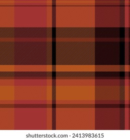 Textile plaid check of seamless texture tartan with a fabric vector background pattern in red and orange colors.