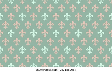 Textile print as beauty ornamental. Aged fleur-de-lis in seamless pattern lily. Seamless symmetric with texture silhouette. Image trendy on tile revival.