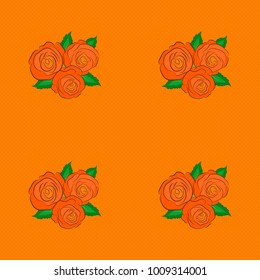 Textile print for bed linen, jacket, package design, fabric and fashion concepts. Vector seamless pattern with rose flowers and green leaves in orange, brown and green colors. Cute floral background.