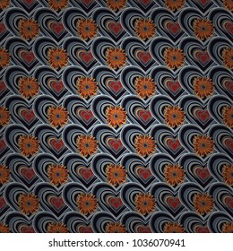 Textile print for bed linen, jacket, package design, fabric and fashion concepts. Grunge orange, gray and black background. Abstract seamless design. Vector floral pattern with abstract flowers.