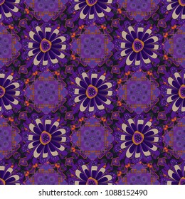 Textile print for bed linen, jacket, package design, fabric and fashion concepts. Vector floral pattern with abstract flowers. Grunge violet, purple and black background. Abstract seamless design.