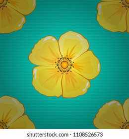 Textile print for bed linen, jacket, package design, fabric and fashion concepts. Vector seamless pattern with cosmos flowers and leaves in orange, blue and yellow colors. Floral background.