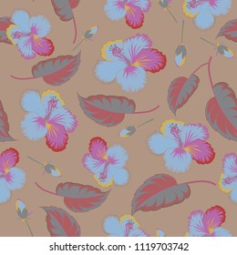 Textile print for bed linen, jacket, package design, fabric or fashion concepts. Watercolor floral seamless pattern. Beige, pink and blue hibiscus pattern. Exotic vector seamless pattern floral design