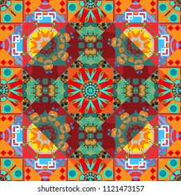 Textile print for bed linen, jacket, package design, fabric and fashion concepts. Seamless pattern ethnic design in pink, blue and brown colors. Geometric background with tribal tiles.