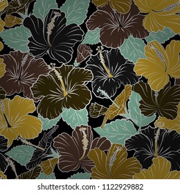 Textile print for bed linen, jacket, package design, fabric and fashion concept. Vector seamless pattern with hibiscus flowers and leaves in brown, yellow and gray colors. Watercolor floral background