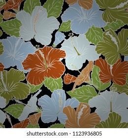 Textile print for bed linen, jacket, package design, fabric and fashion concepts. Vector seamless pattern with hibiscus flowers and leaves in green and orange colors. Watercolor floral background.