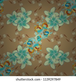 Textile print for bed linen, jacket, package design, fabric and fashion concepts. Vector seamless pattern with flowers in green, beige and blue colors. Floral background with watercolor effect.