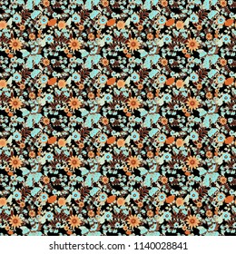 Textile print for bed linen, jacket, package design, fabric and fashion concepts. Vector floral pattern with abstract flowers. Abstract seamless design. Blue, gray and black background.