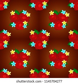 Textile print for bed linen, jacket, package design, fabric and fashion concepts. Vector seamless pattern with rose flowers and green leaves in brown, blue and red colors. Watercolor floral background