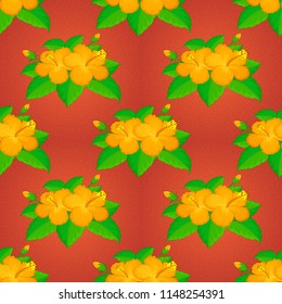 Textile print for bed linen, jacket, package design, fabric and fashion concepts. Floral seamless pattern. Exotic vector seamless pattern floral design. Green, yellow and orange hibiscus pattern.