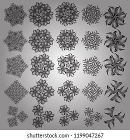 Textile print for bed linen, jacket, package design, fabric and fashion concepts. Abstract 25 snowflakes set. Vector snowflakes with watercolor effect.