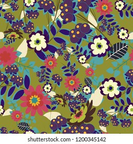 Textile print for bed linen, jacket, package design, fabric and fashion concepts. Vector floral pattern with abstract flowers. Grunge violet, beige and green background. Abstract seamless design.