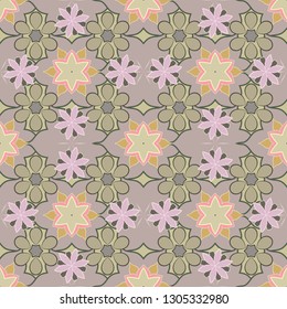 Textile print for bed linen, jacket, package design, fabric and fashion concept. Vector seamless pattern with ditsy flowers in green, beige, pink and gray colors. Watercolor floral background.