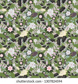 Textile print for bed linen, jacket, package design, fabric and fashion concepts. Grunge violet, green and gray background. Vector floral pattern with abstract flowers. Abstract seamless design.
