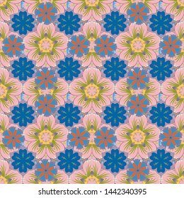 Textile print for bed linen, jacket, package design, fabric and fashion concepts. Vector seamless pattern with flowers and leaves in pink, yellow and blue colors. Watercolor floral background.