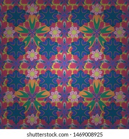 Textile print for bed linen, jacket, package design, fabric and fashion concepts. Vector seamless pattern with flowers and leaves in blue, yellow and pink colors. Floral background, watercolor effect.