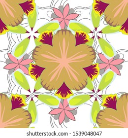 Textile print for bed linen, jacket, package design, fabric and fashion concepts. Floral background. Vector seamless pattern with flowers and leaves in white, green and yellow colors.