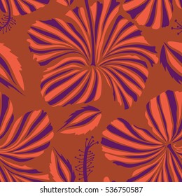 Textile print for bed linen, jacket, package design, fabric and fashion concepts. Watercolor floral seamless pattern. Brown, orange and purple hibiscus pattern. Exotic vector floral seamless pattern.