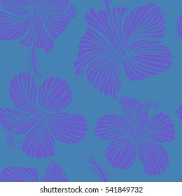 Textile print for bed linen, jacket, package design, fabric and fashion concepts. Blue and violet hibiscus pattern. Exotic vector seamless pattern floral design. Watercolor floral seamless pattern.