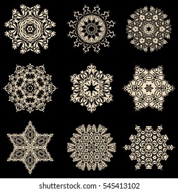 Textile print for bed linen, jacket, package design, fabric and fashion concepts. Abstract snowflakes set. Vector snowflakes with watercolor effect.
