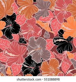 Textile print for bed linen, jacket, package design, fabric or fashion concepts. Red, pink and orange hibiscus pattern. Exotic vector seamless pattern floral design. Watercolor floral seamless pattern