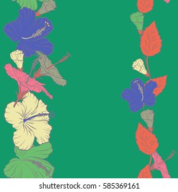 Textile print for bed linen, jacket, package design, fabric and fashion concepts. Green and pink hibiscus pattern. Exotic vector floral design with copy space (place for your text). Floral.