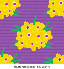 Textile print for bed linen, jacket, package design, fabric, fashion concepts. Vector seamless pattern with primrose flowers and leaves on a violet background. Floral background with watercolor effect