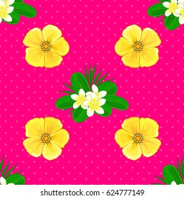 Textile print for bed linen, jacket, package design, fabric and fashion concepts. Vector seamless pattern with cosmos flowers and plumeria with leaves on a magenta background. Cute floral background.