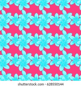 Textile print for bed linen, jacket, package design, fabric or fashion concepts. Vector seamless pattern with plumeria flowers and leaves on a pink background. Floral background with watercolor effect