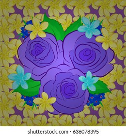 Textile print for bed linen, jacket, package design, fabric and fashion concepts. Vector seamless pattern with rose flowers and green leaves on a violet background. Watercolor floral background.