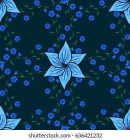 Textile print for bed linen, jacket, package design, fabric and fashion concepts. Abstract vector seamless pattern flower design in blue colors. Floral seamless pattern with watercolor effect.