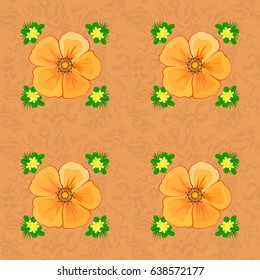 Textile print for bed linen, jacket, package design, fabric and fashion concepts. Vector seamless pattern with cosmos flowers and leaves on a brown background. Floral background with watercolor effect