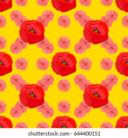 Textile print for bed linen, jacket, package design, fabric and fashion concepts. Vector seamless pattern with poppy flowers and leaves on a yellow background. Floral background with watercolor effect