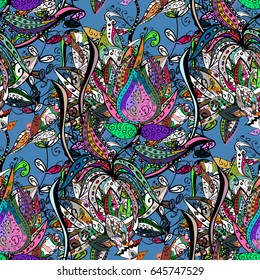 Textile print for bed linen, jacket, package design, fabric and fashion concepts. Abstract vector seamless pattern flower design in blue and pink colors. Floral seamless pattern with watercolor effect