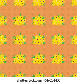 Textile print for bed linen, jacket, package design, fabric or fashion concepts. Vector seamless pattern with primrose flowers and leaves on brown background. Floral background with watercolor effect.